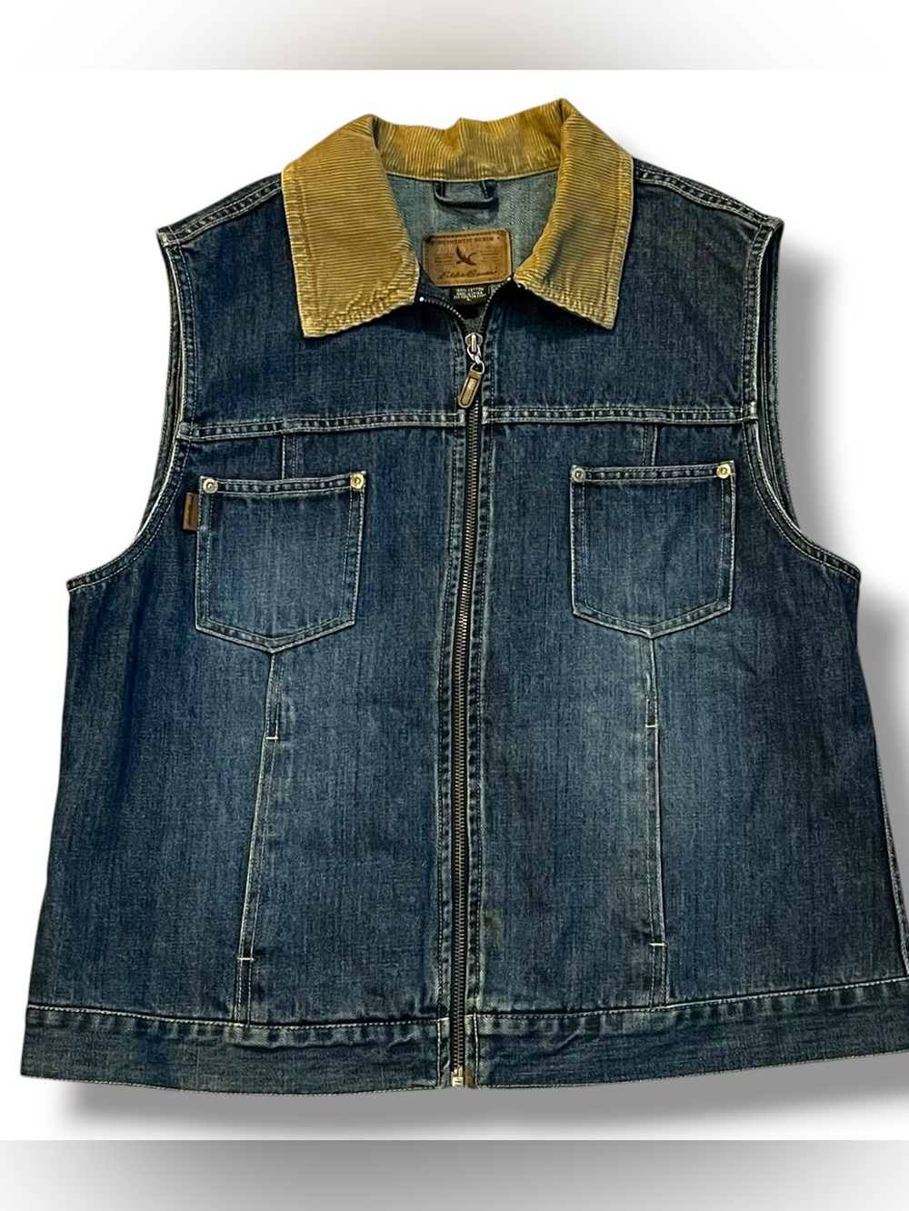 Vintage Eddie Bauer Denim Vest Corduroy Collar Full Zip Pockets Large Unisex